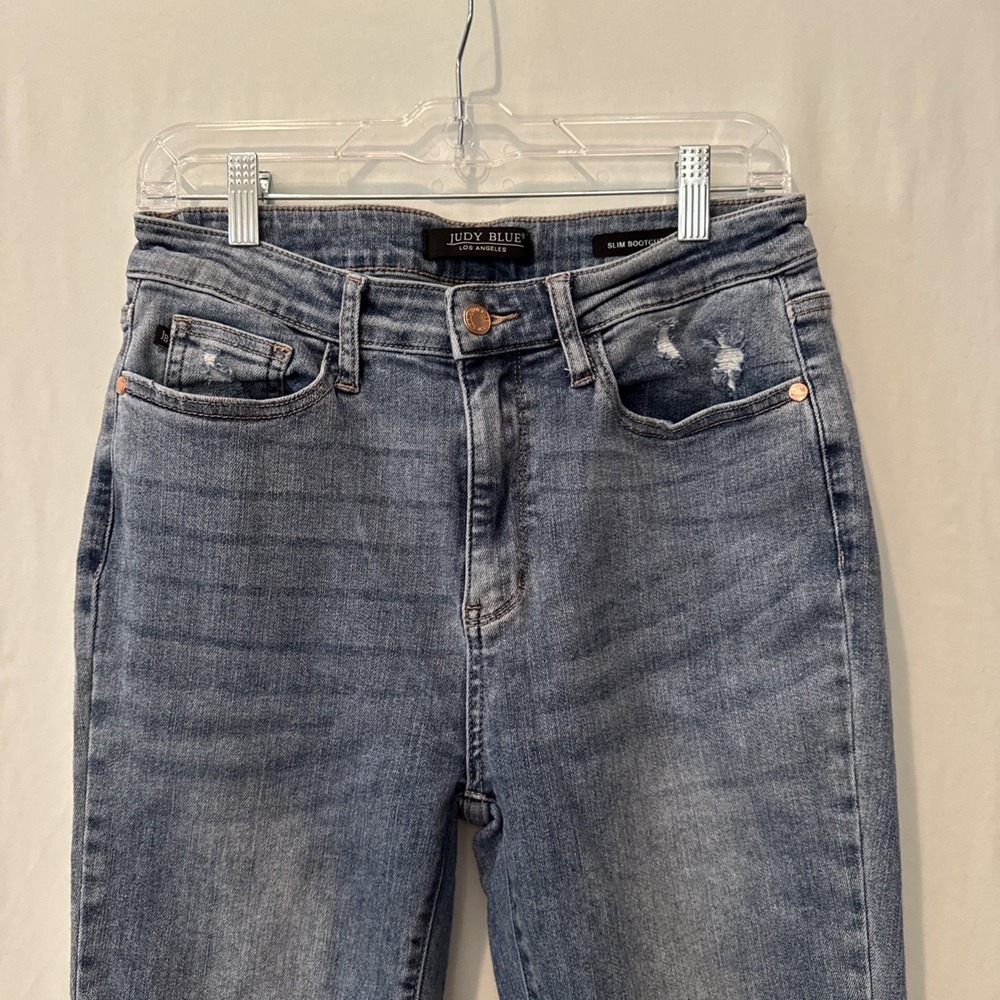 Judy Blue Slim Bootcut Jeans Light Wash Distressed Side Slit JB88476 Size 11/30